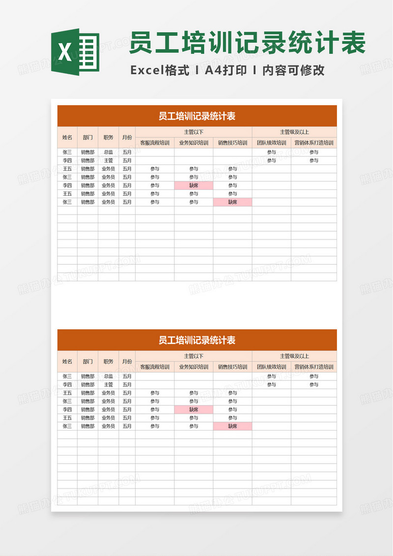 员工培训记录统计表excel模版