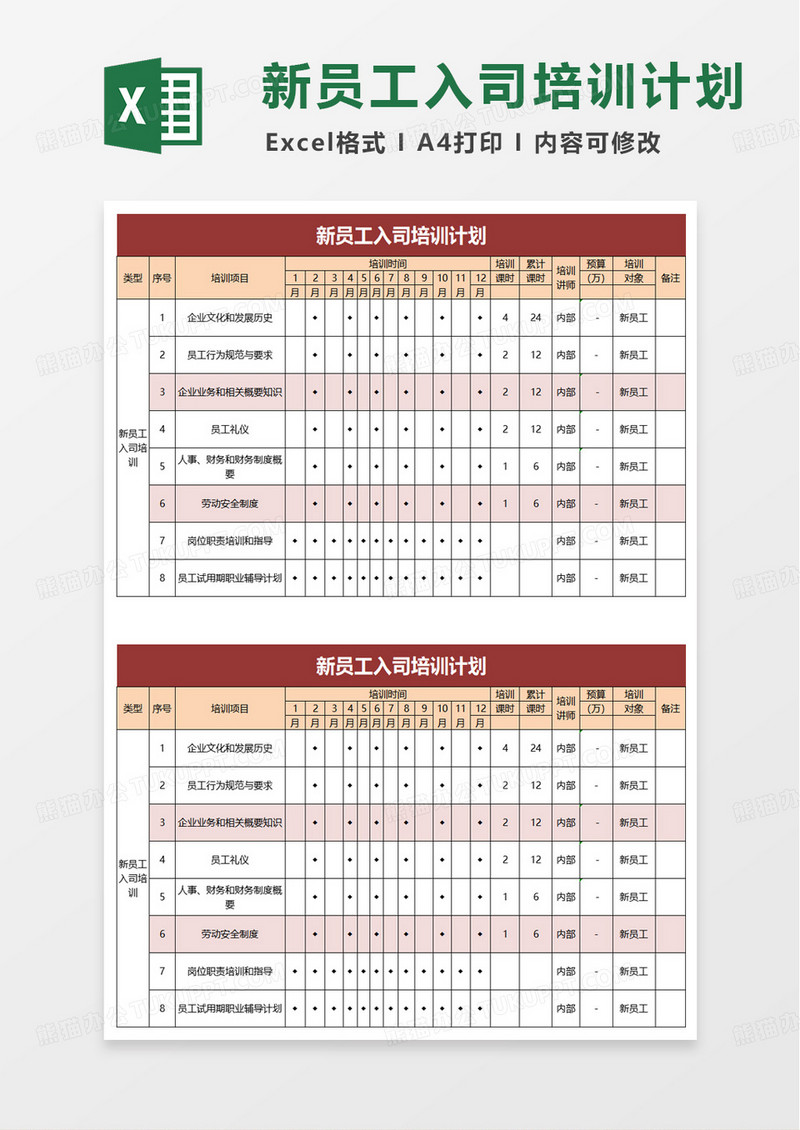 新员工入司培训计划excel模版