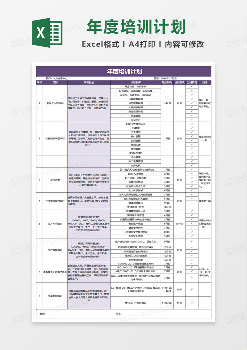 年度培训计划excel模版