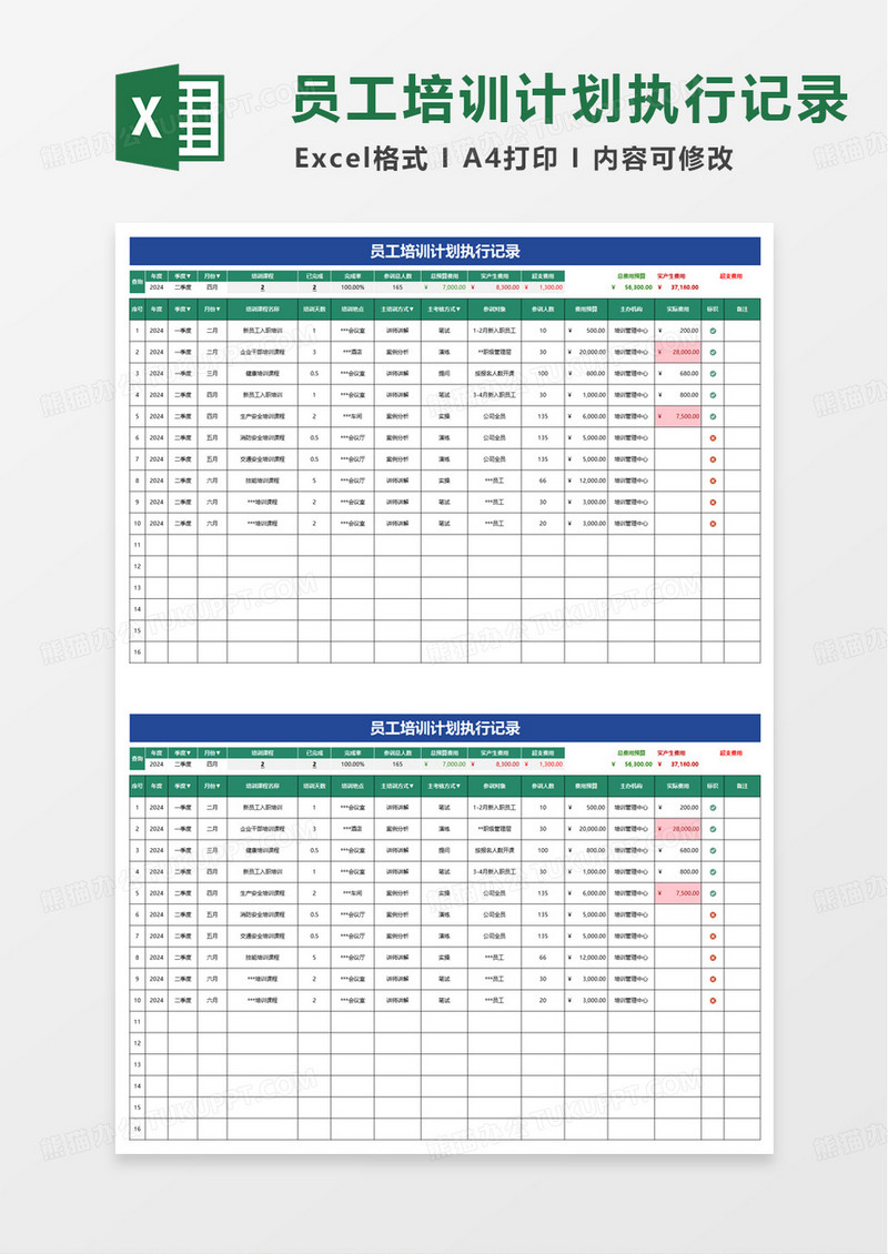 员工培训计划执行记录excel模版