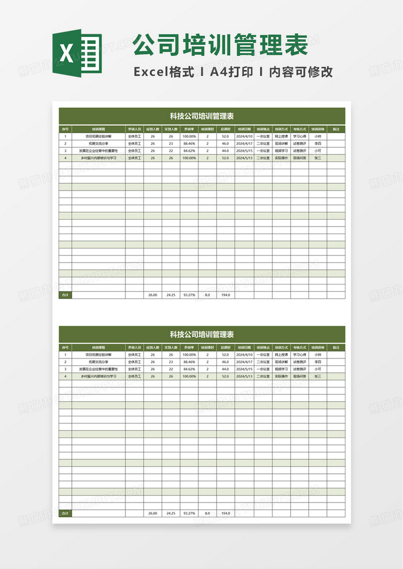 公司培训管理表excel模版