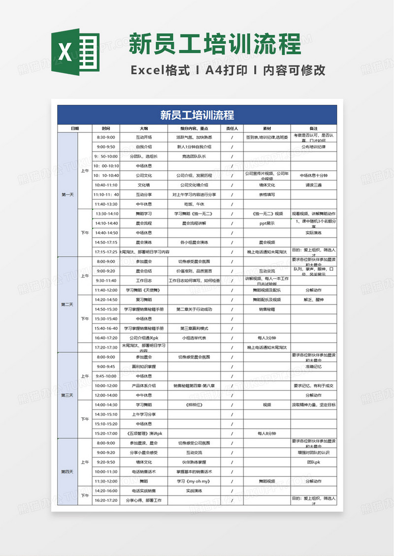 零售业新员工培训流程excel模版