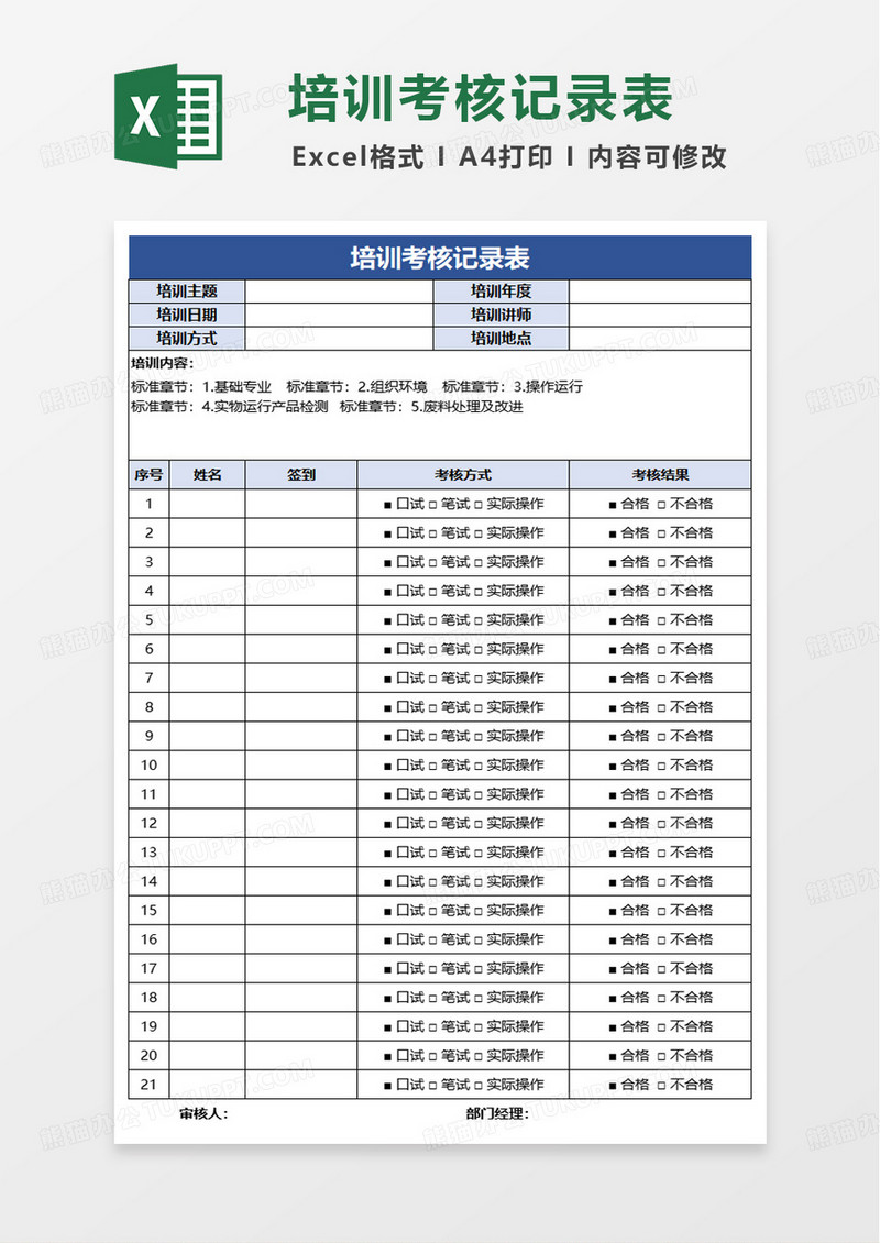 培训考核记录表excel模版