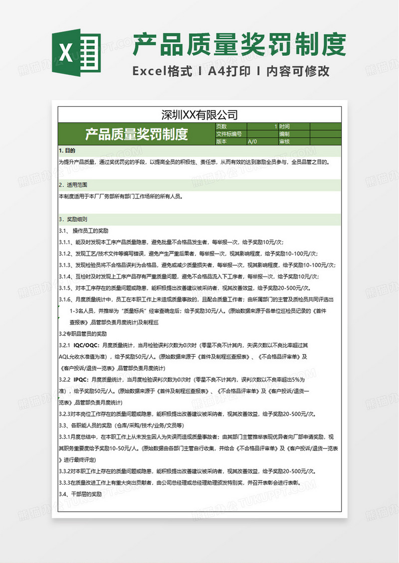 品质奖罚制度excel模板