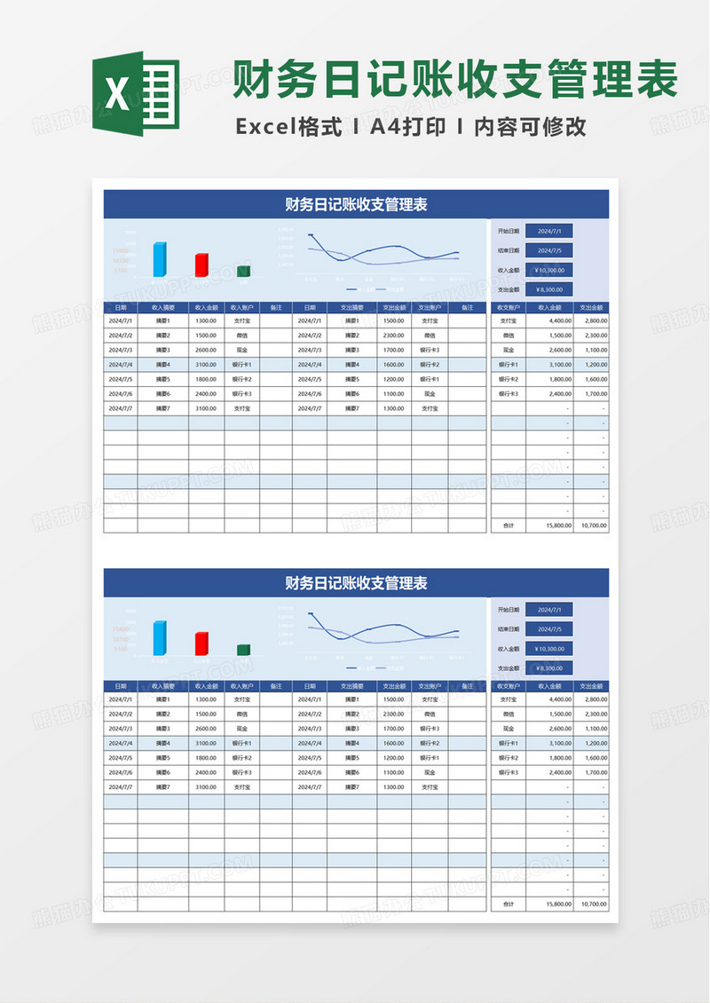 财务日记账收支管理表excel模板