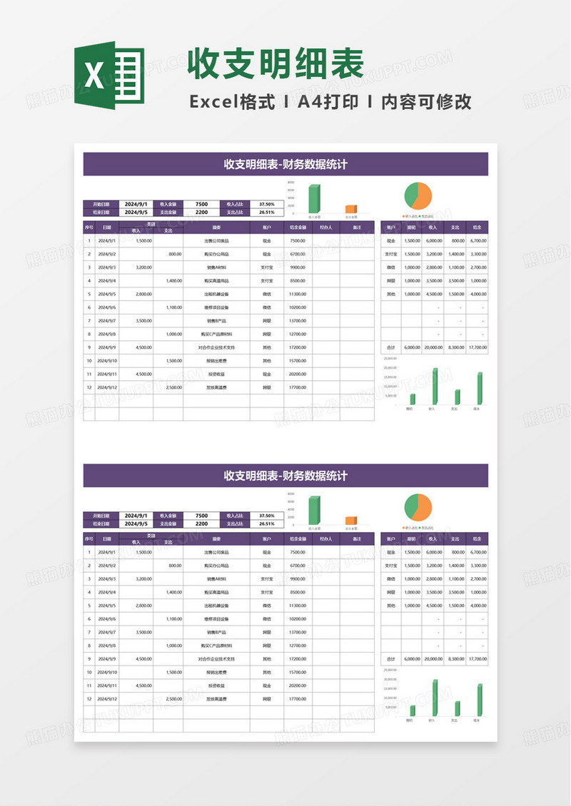 简洁通用商务财务收支表excel模板