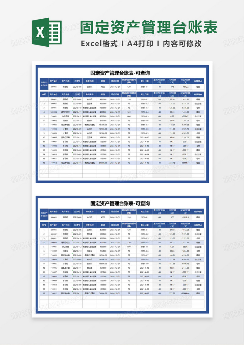 固定资产管理台账表excel模板