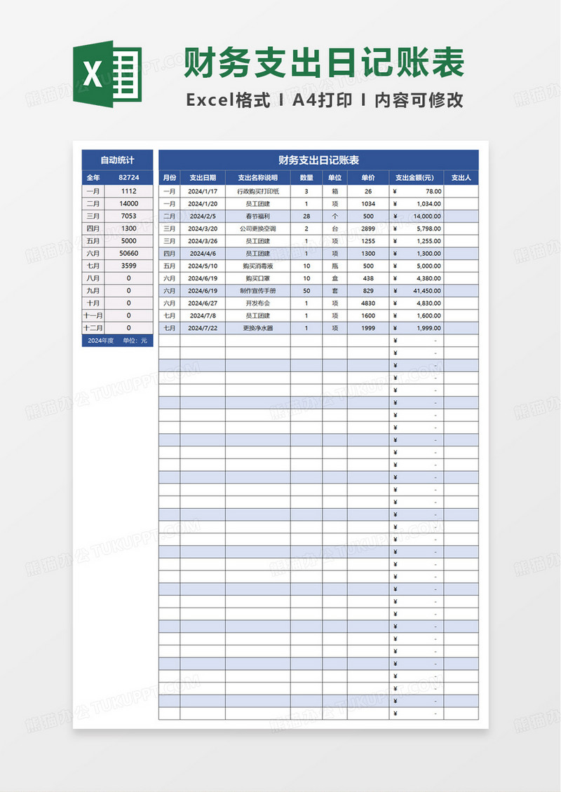 通用财务支出日记账表excel模板