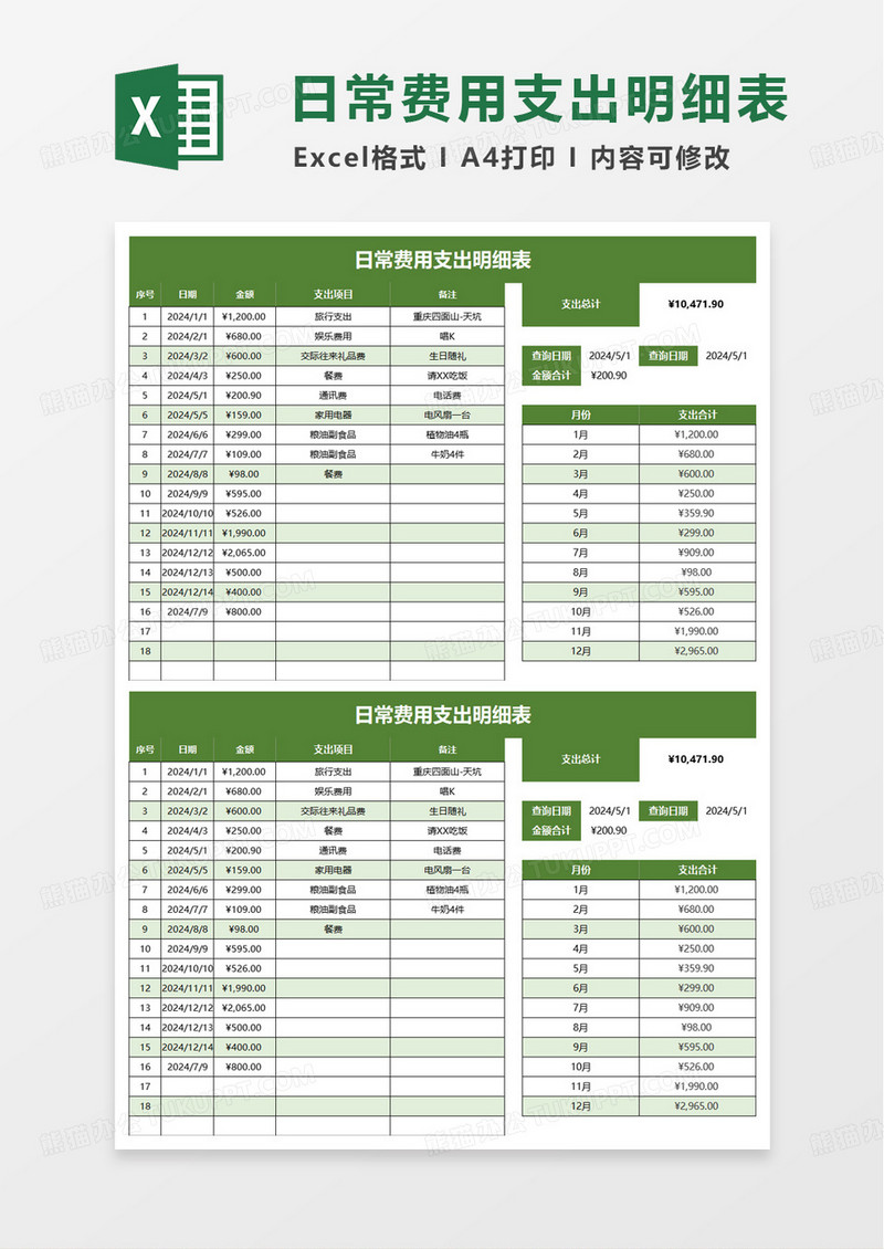 通用日常费用支出明细表excel模板