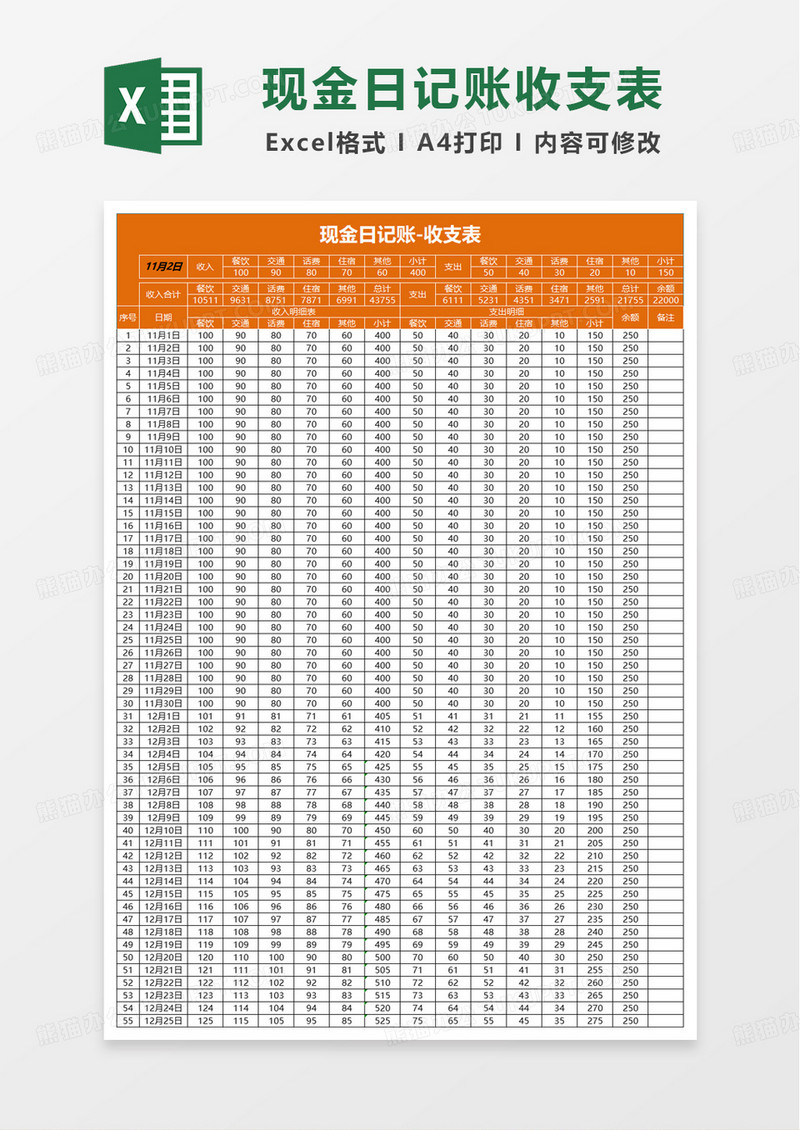 简单简洁财务现金日记账excel模板