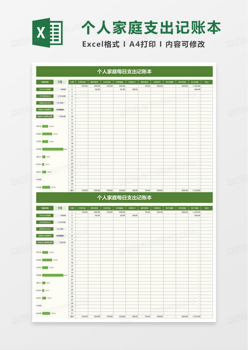简洁个人家庭每日支出记账本excel模板