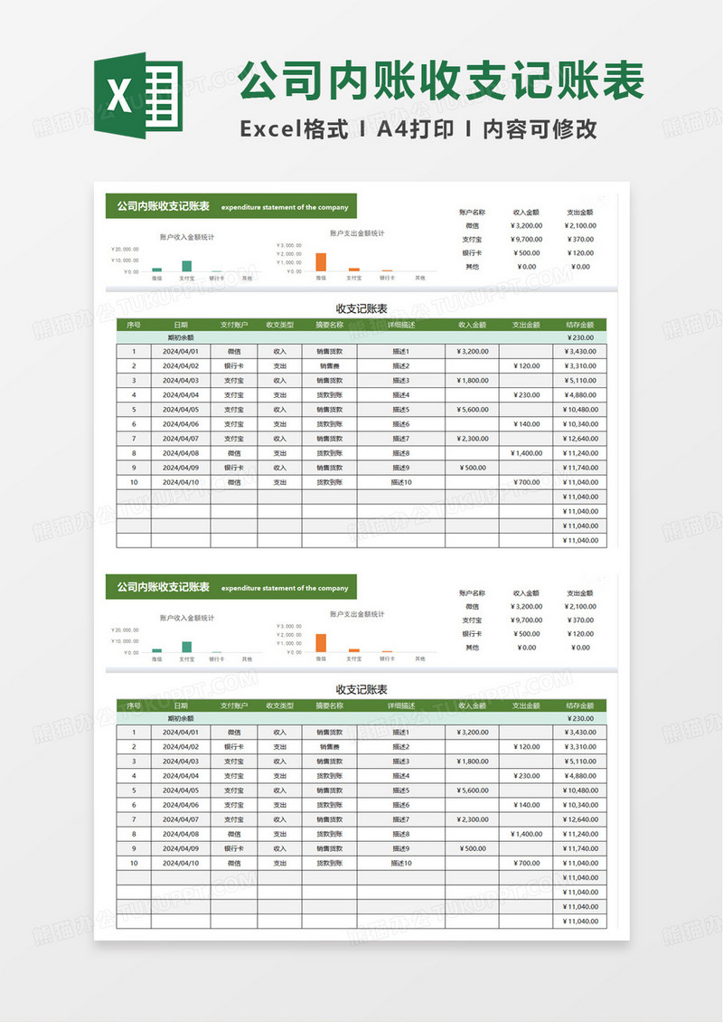 公司内账收支记账表excel模板