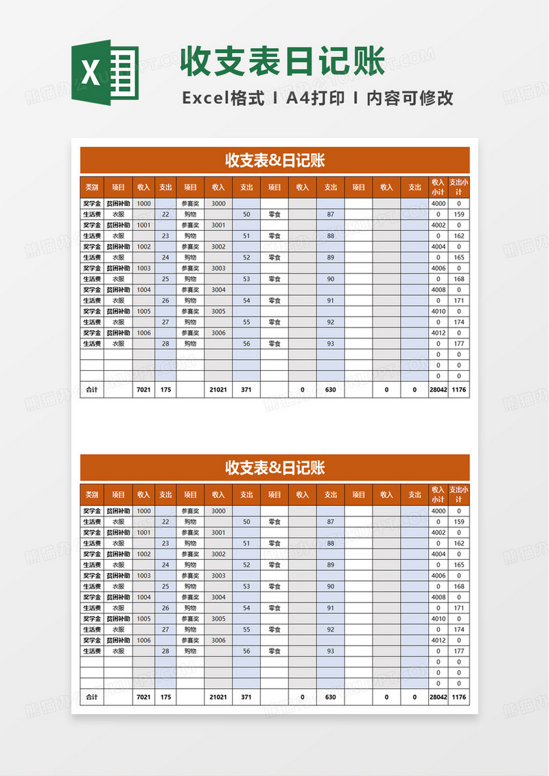 简洁橙色商务收支表excel模板