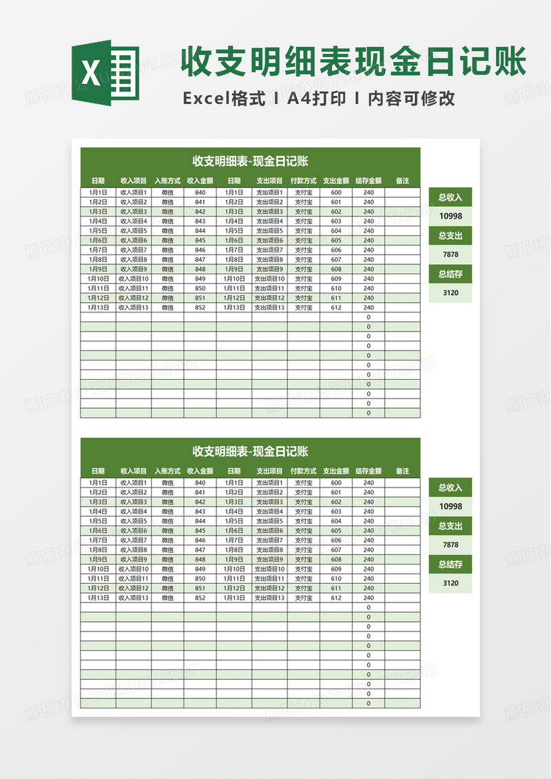 收支表日记账全自动excel模板