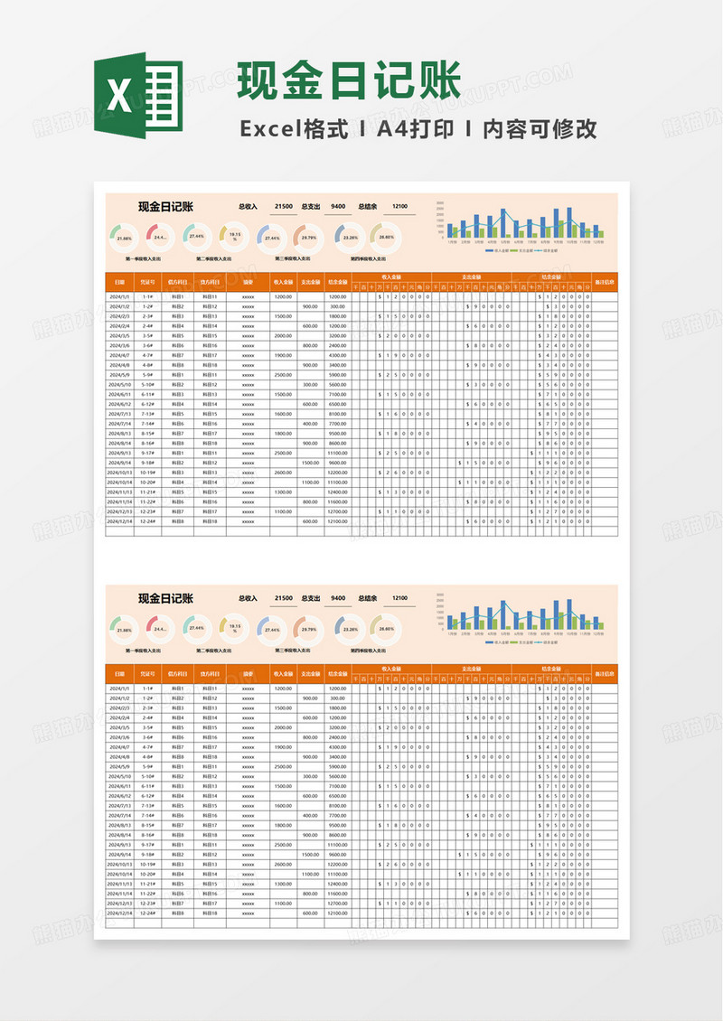 现金日记账收支记账表excel模板
