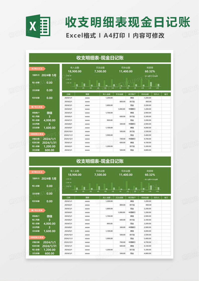 收支明细表现金日记账excel模板