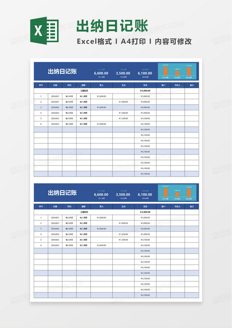 简洁实用出纳日记账excel模板