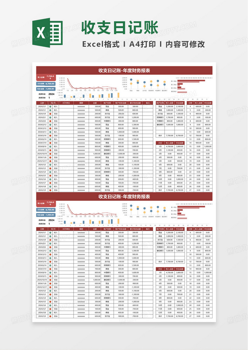 收支日记账年度财务报表excel模板