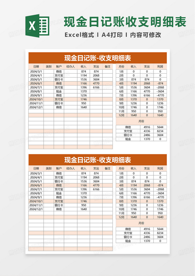 橙色现金日记账收支明细表excel模板