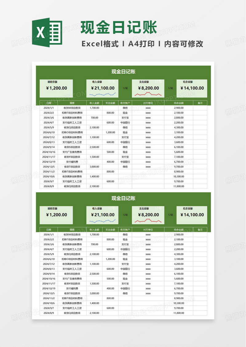 通用现金日记账收支明细表excel模板