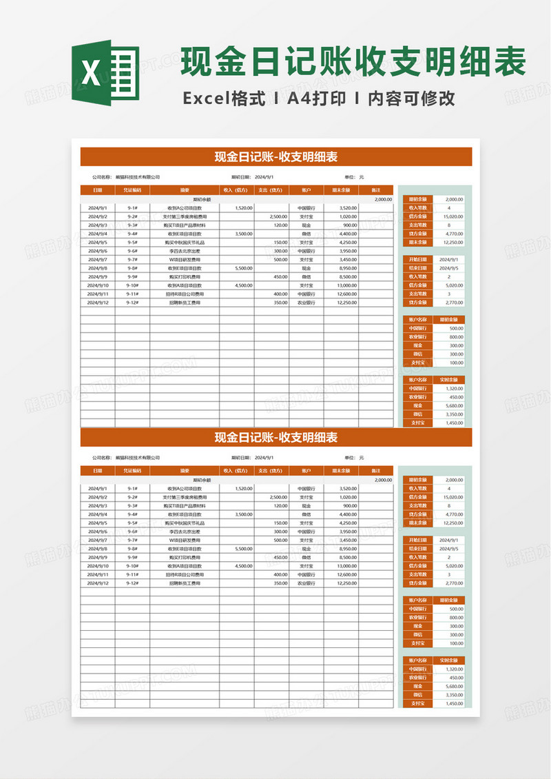 商务现金日记账收支明细表excel模板