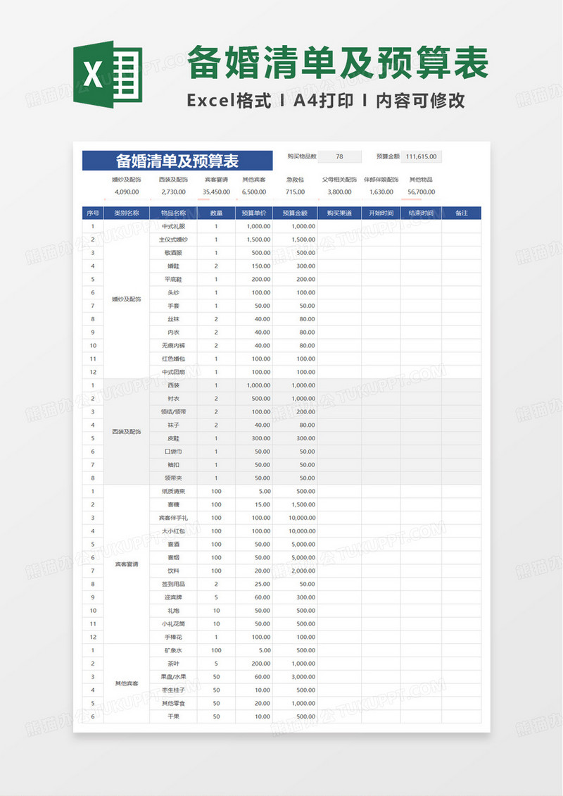 结婚婚礼筹备清单及预算表excel模板