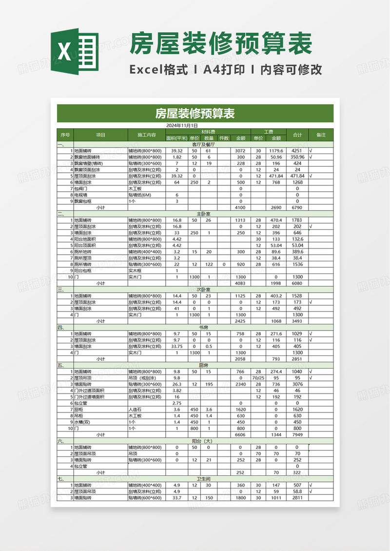 绿色简洁装修预算表excel模板