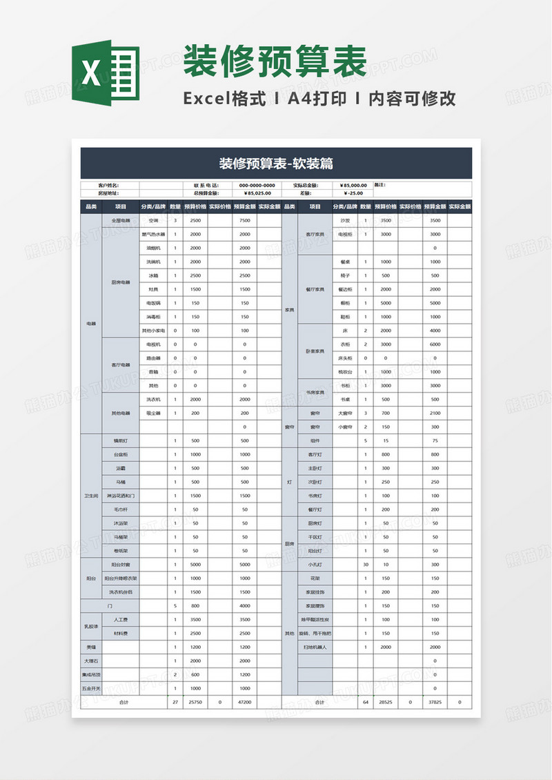 简单简洁装修预算表excel模板