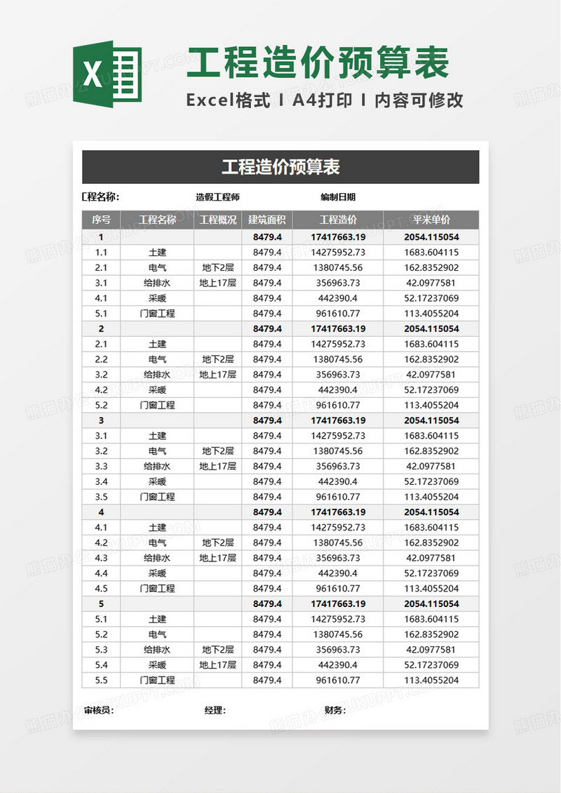 通用工程造价预算表excel模板