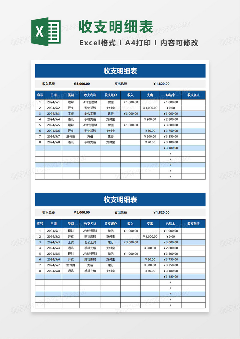 收支明细表excel模版