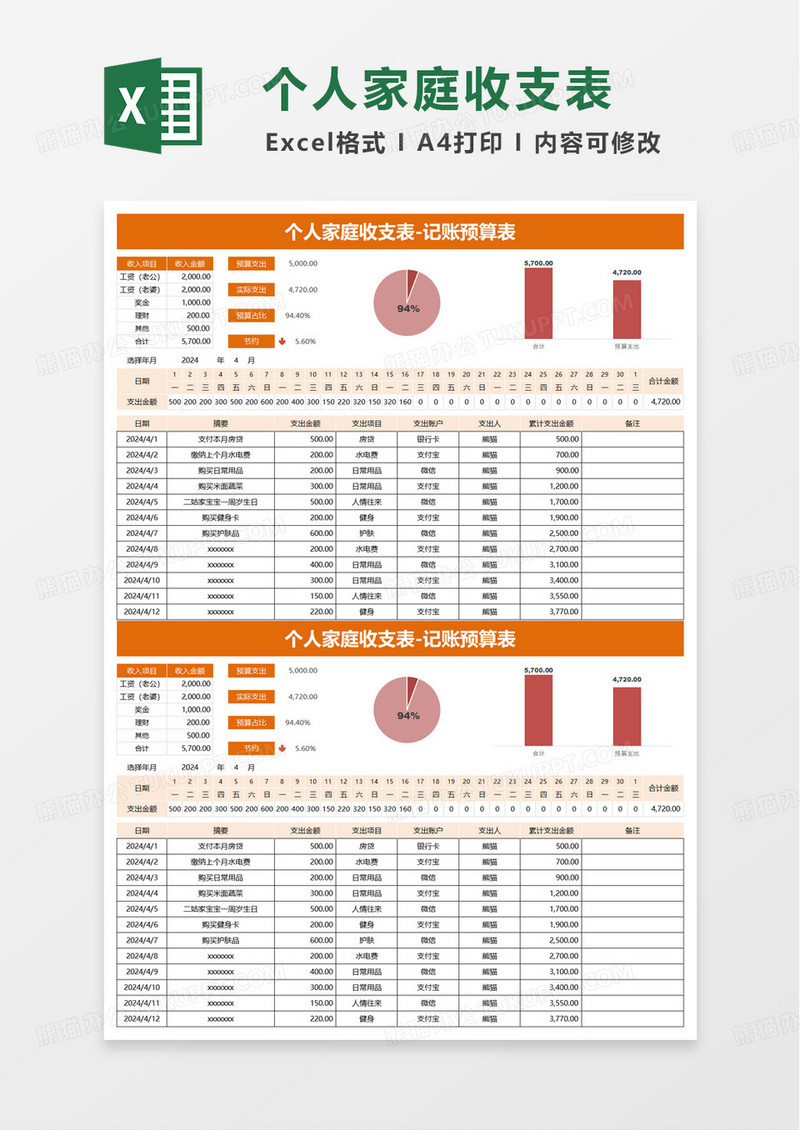 个人家庭收支表excel模版