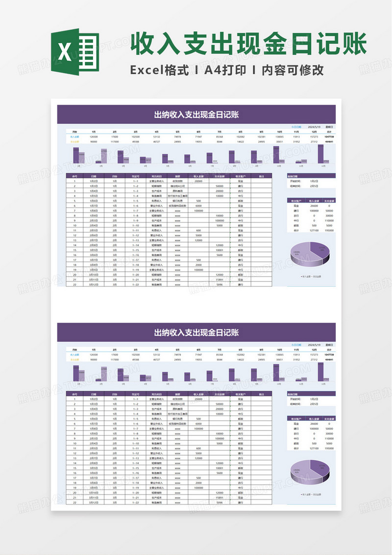 出纳收入支出现金日记账excel模版