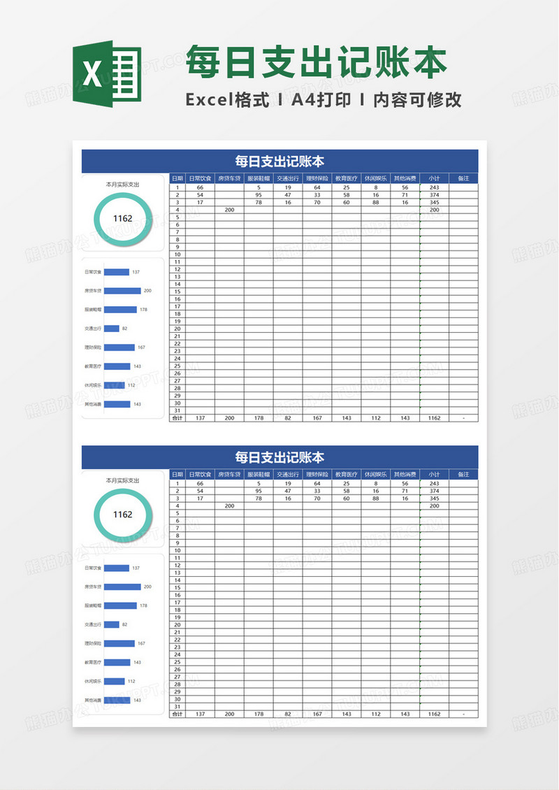 每日支出记账本excel模版