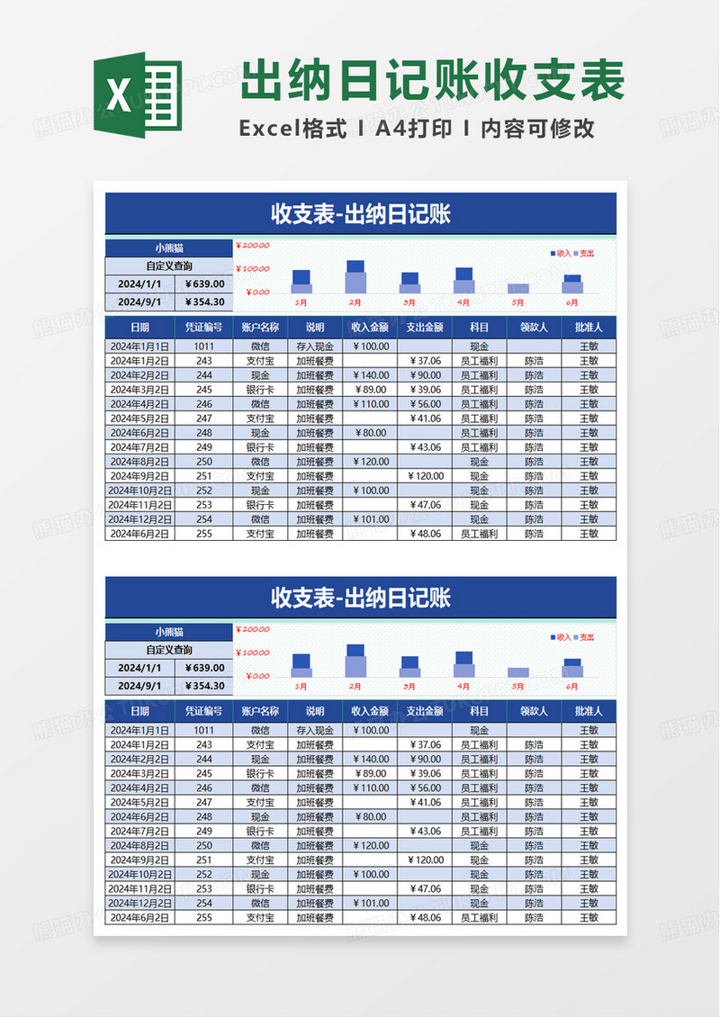 简约商务出纳日记账excel模版