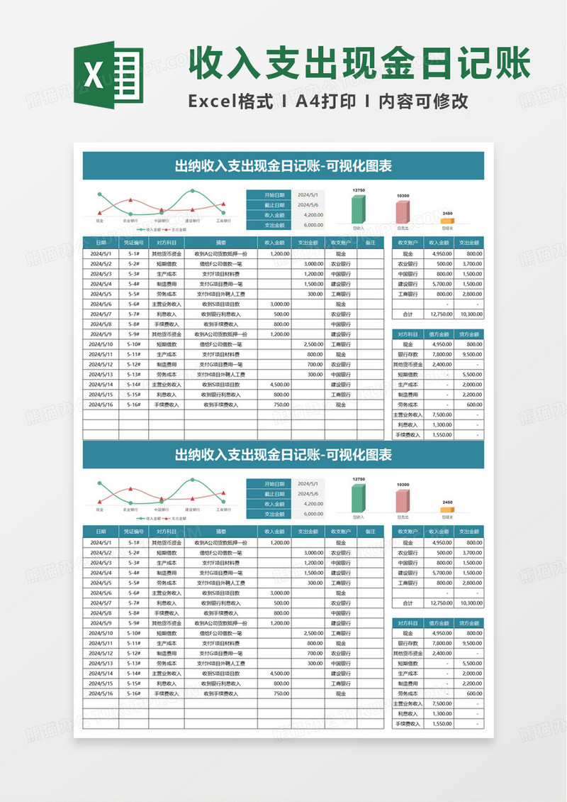 简洁出纳收入支出现金日记账excel模版