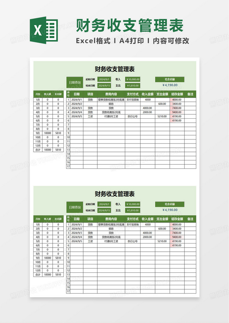 财务收支管理表excel模版