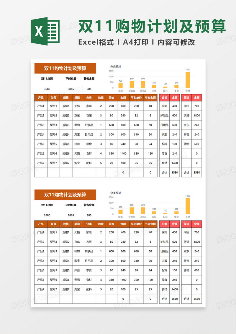双11购物计划及预算excel模版