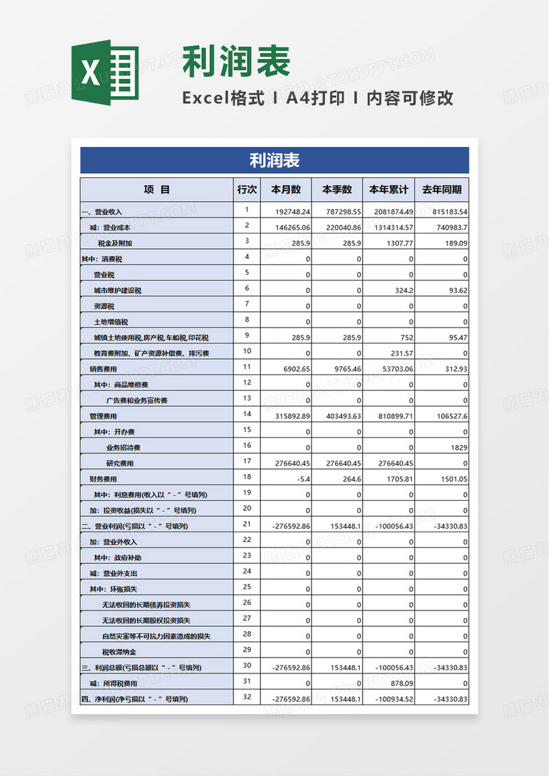 简洁通用实用利润表excel模板