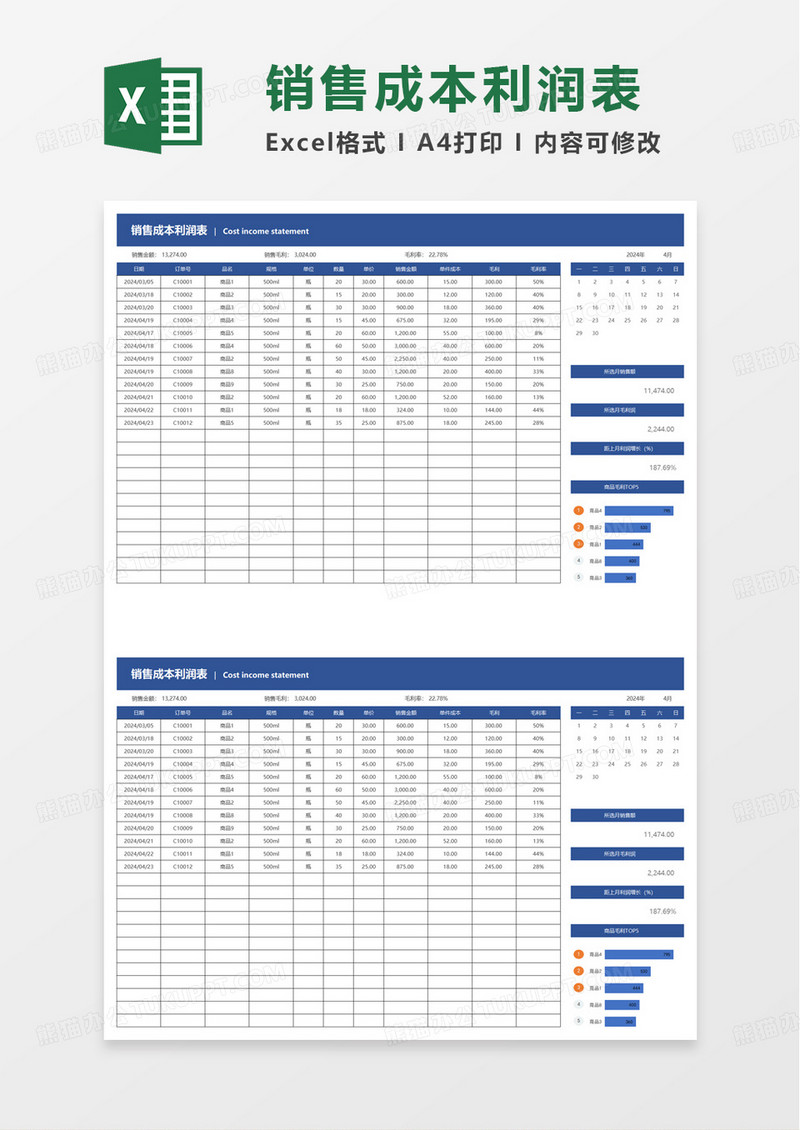 销售成本利润表excel模板