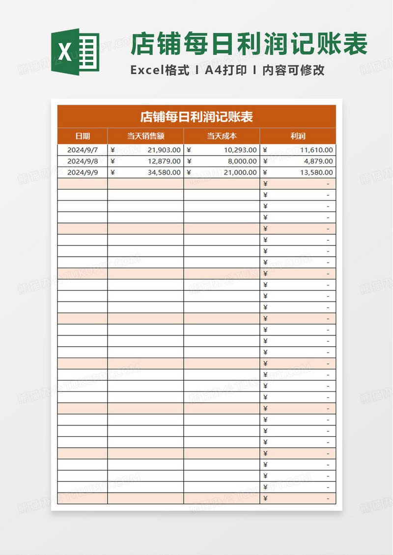 店铺每日利润记账表excel模板