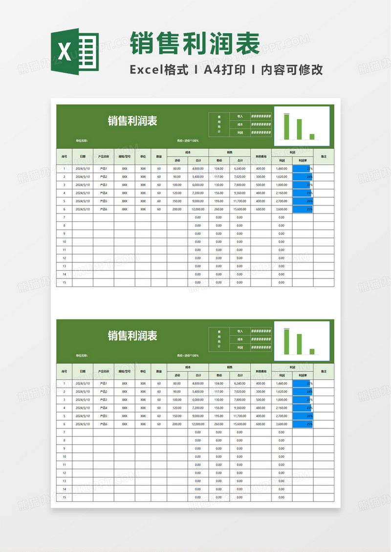 绿色商务销售收支利润表excel模板