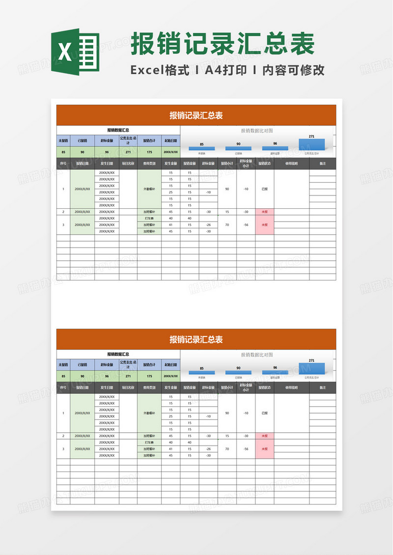 简洁商务报销记录汇总表excel模板