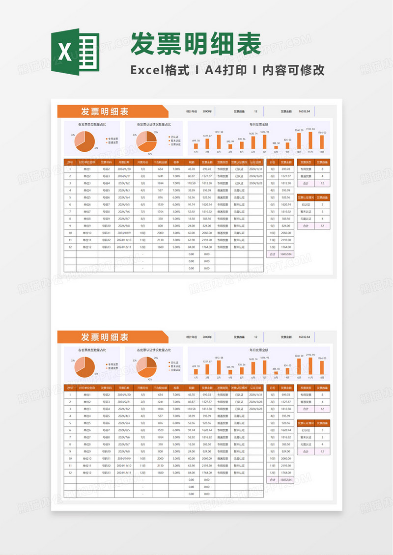 通用统计发票明细表excel模板