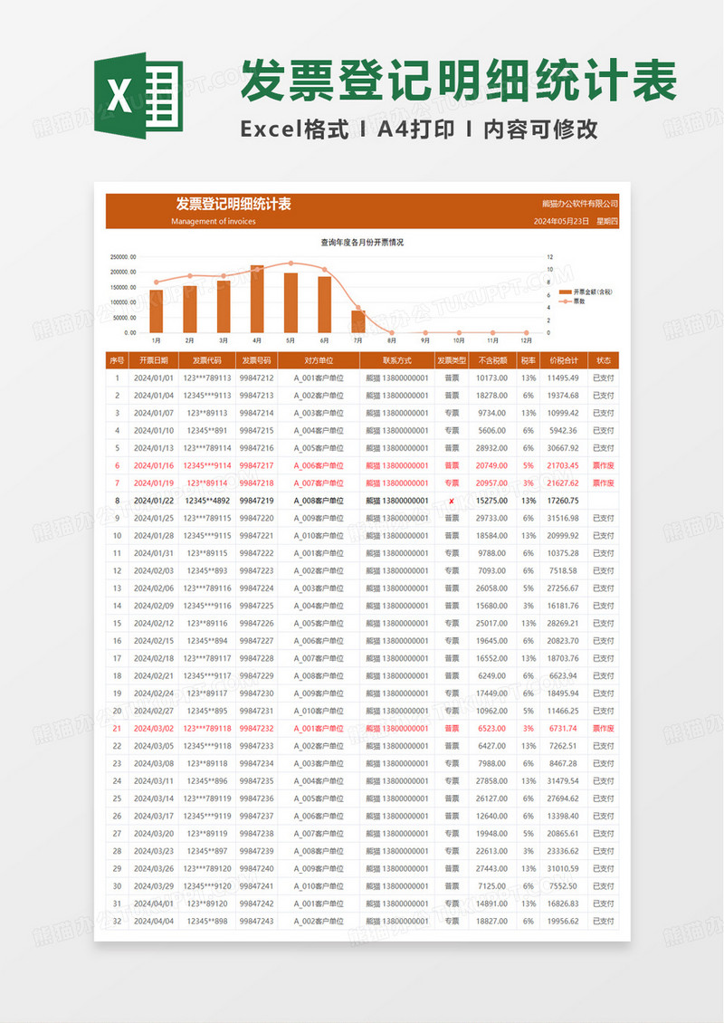 简洁实用商务发票登记明细表excel模板