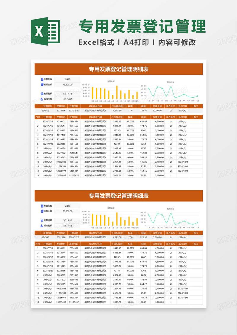 专用发票登记管理明细表excel模板