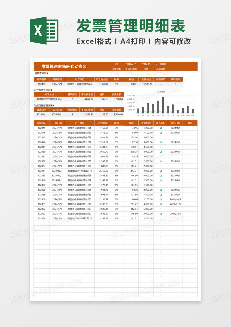 简洁实用发票管理明细表excel模板