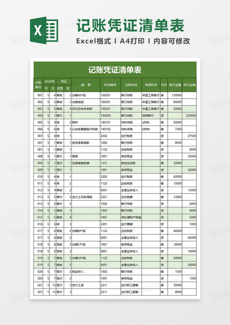 记账凭证清单表excel模板