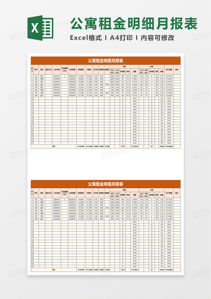 公寓租金明细月报表excel模板