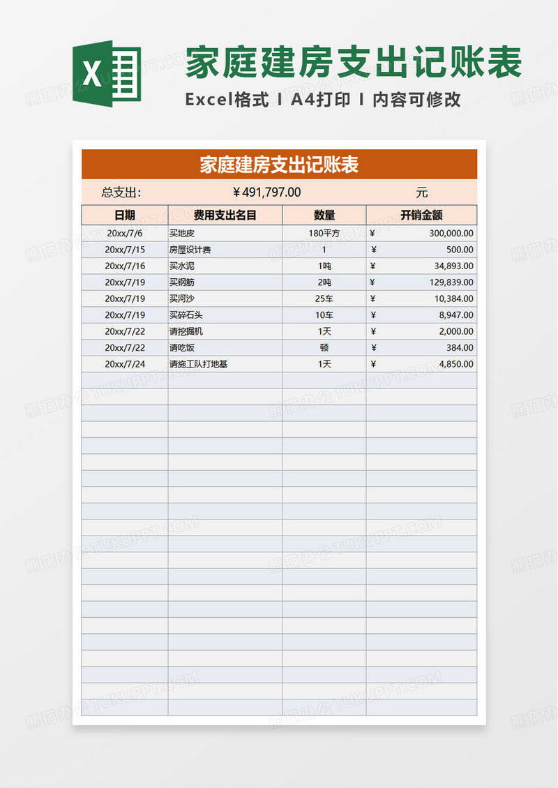 橙色家庭建房支出记账表excel模板