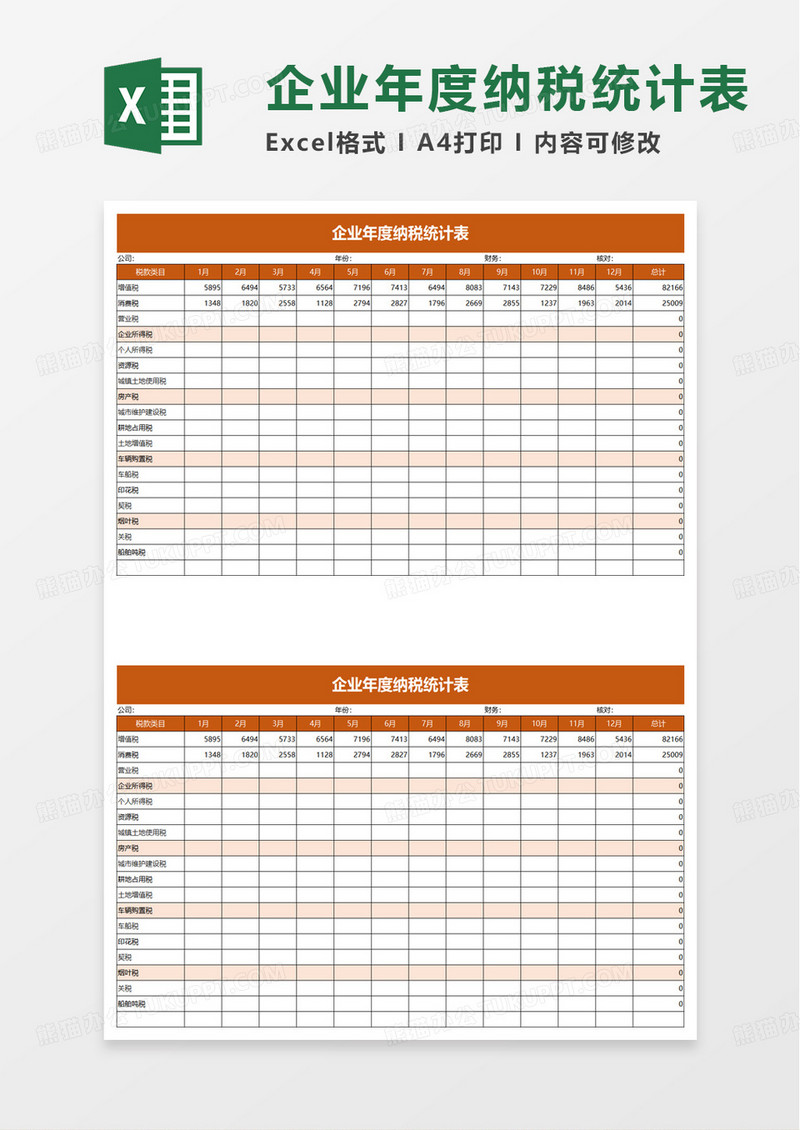 企业年度纳税统计表excel模板